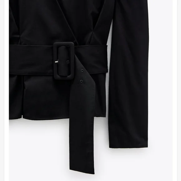 NWT* Zara Belted Puff Shoulder Poplin Wrap Blouse Black Top Shirt - Picture 12 of 12
